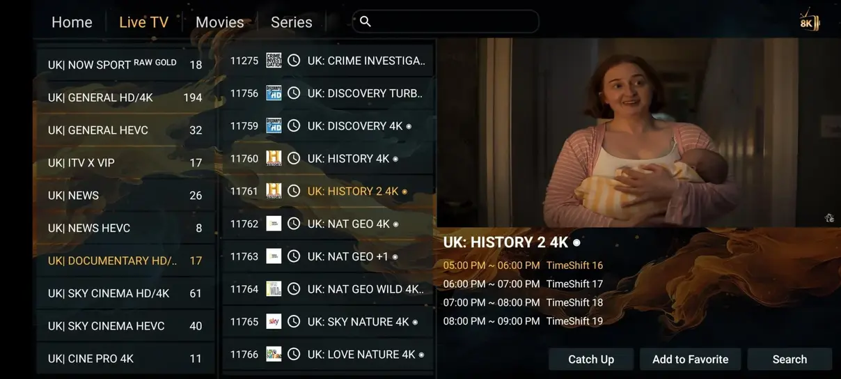 VizWriting 4K live streaming dashboard and channel browser interface